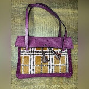 Vintage Saks Fifth Avenue Purple Ostrich Leather w/ Checkered Pony hair